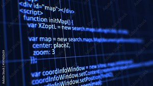Machine Language Running on the Data Screen with DOF Blur. Blue Color Software Programming Animation Design. Technology Concept. 4k UHD 3840x2160. Stock Video