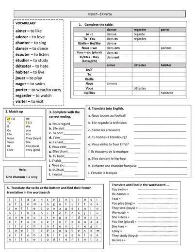 French -er verbs interactive worksheet