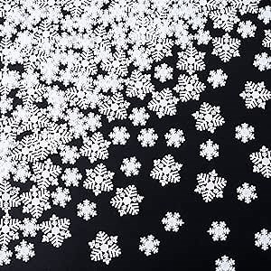 HINZIC 100Pcs Small Snowflakes White Plastic Resin Mini Snowflake Garland Ornaments Embellishments for Christmas Halloween Thanksgiving Winter Party DIY Craft Scrapbooking Table Confetti Decor
