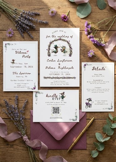 Whimsical Bird Wedding Invitation, Storybook Garden Wedding, 3-piece Invitation Suite, RSVP & Details Card, Editable Canva Template - Etsy