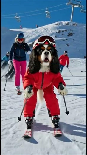 urka fait du ski à Valloire #ia #chien #cavalierkingcharles