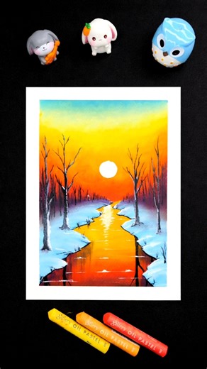 Beautiful Winter Sunset River Scenery Realistic Drawing 🌅 | Oil Pastel Drawing Step by Step #shorts