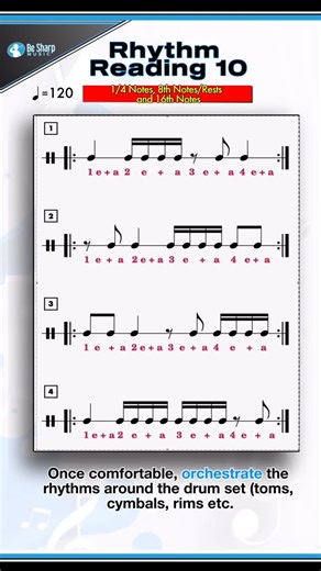 Dario Casullo on Instagram: "Rhythm Reading Lesson 10 8th Notes/Rests, Quarter Notes/Rests, 16th Notes The kick drum is playing soft quarter notes replacing the robotic click of a metronome in order to make it a bit more musical. Count OUT LOUD 🗣️1 e + a 2 e + a 3 e + a 4 e + a throughout for best results. #sightreading #readingmusic #musiceducation #rhythm #musictheory #drumteacher #drumcorps #drumlessons"