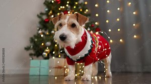 Dog wrapped in garland. Wirehaired Jack Russell Terrier in a red sweater. Christmas tree with blinking garlands. Cozy home environment. Christmas concept