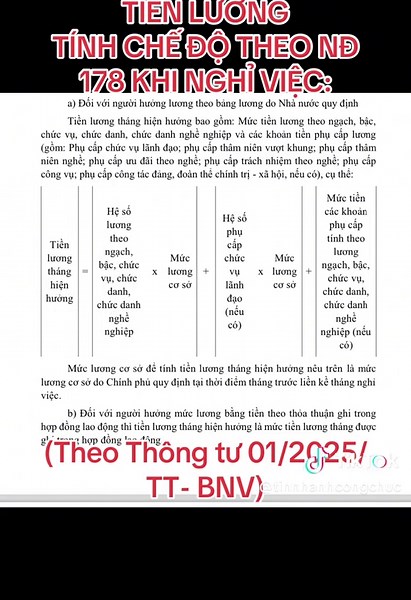 TIỀN LƯƠNG TÍNH CHẾ ĐỘ THEO NĐ 178 KHI NGHỈ VIỆC: Tiền lương hiện hưởng bao gồm: Mức tiền lương theo ngạch, bậc, chức vụ, chức danh, chức danh nghề nghiệp và các khoản tiền phụ cấp lương (gồm: Phụ cấp chức vụ lãnh đạo; phụ cấp thâm niên vượt khung; phụ cấp thâm niên nghề; phụ cấp ưu đãi theo nghề; phụ cấp trách nhiệm theo nghề; phụ cấp công vụ; phụ cấp công tác đảng, đoàn thể chính trị - xã hội, nếu có) #CCVC #tinhgianbienche #nđ178 #nghiquyet18 #tienluong