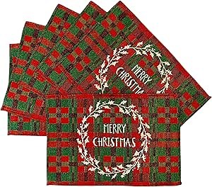 Christmas Holiday Merry Christmas Placemats, Set of Six (6) Colorful Tapestry Weave Fabric, for Holiday's, Thanksgiving, Winter
