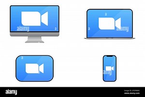 Blue camera icons. Live media streaming application on computer, laptop, tablet and smartphone. Conference video calls. Design for website design, mob Stock Vector Image & Art - Alamy