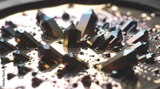 Macro animation of dark iridescent crystals rapidly forming from a reflective liquid surface