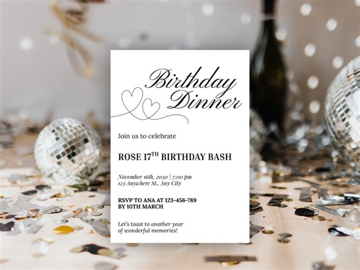 Birthday Dinner Invitation Template, Elegant Birthday Party, Minimalist Black and White Invite, Editable Canva, Adult Birthday Dinner - Etsy