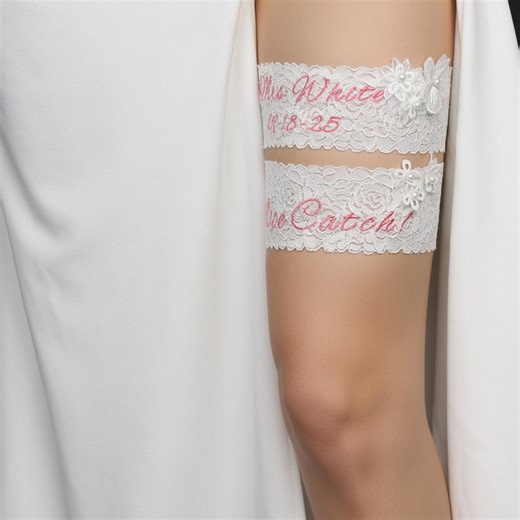 Personalized Wedding Garter Set, Custom Embroidered Floral Bridal Garter, Keepsake & Toss Set, Bride Gift, GL303 - Etsy