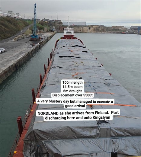 The vessel Nordland arriving from Finland on a very blustery day. Variable pitch propeller, slightly negative. Fishtail rudder Right handed 3 staged bow thruster 285kw 100m length 14.5 m beam 6m draught Summer displacement over 5500 tons #marinepilot #shipping #merchantnavy #seaham #northeast | Seaham Harbour Pilots
