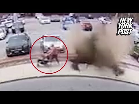 Terrifying manhole explosion caught on camera as woman and kids escape