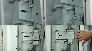 Safe production. Industrial manufacturing. Mass production of safes. Split Screen. Close-up view.