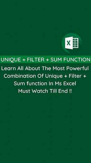 Ikhlas Ansari on Instagram: "UNIQUE + FILTER + SUM FUNCTION In Ms Excel 2025 🔥| Excel Tips | Excel Tricks | Excel Shortcuts. . . . . . Learn All About The Most Powerful Combination Of Unique + Filter + Sum function In Ms Excel Must Watch Till End !!...... Very Important For Every Excel Users Must Watch It Guys. . . . . . #excel #exceltips #exceltricks #excelskills #filterfunction #sumfunction #uniquefunction #exceltutorial #excelformulas #reels"