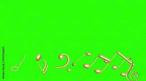 Musical notes signs elements, gold textured, on green screen chroma key animation