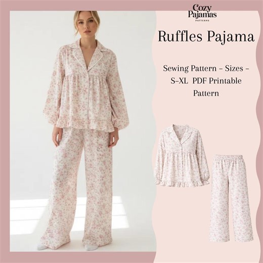 Ruffle Pajama Set Sewing Pattern |PDF Pajama Pattern for Women | Long Sleeve Button Pajamas | Sizes S–XL | Print at Home A4   A0 - Etsy