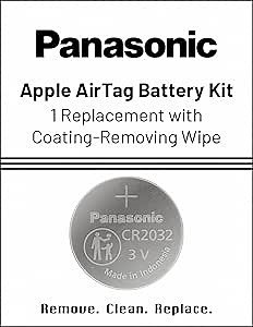 Panasonic AirTag Battery Kit, Size CR2032 with Bitterant Coating-Removing Wipe, Apple-Approved OEM Replacement for AirTag