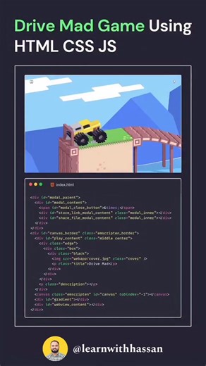 Hassan🕊️ on Instagram: "Animated Drive Mad Game using HTML CSS JS, Crazy Next Level Game of Car with 100 levels #webdevelopment #javascript #angularjs #ui #ux"