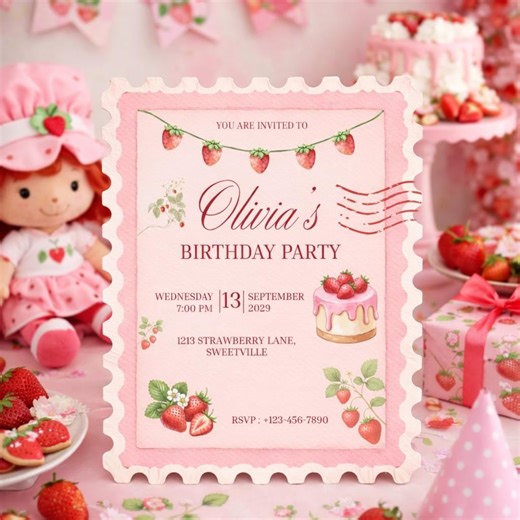 Strawberry Birthday Invitation Canva Template | Berry Sweet Party Invite (digital Download) - Etsy