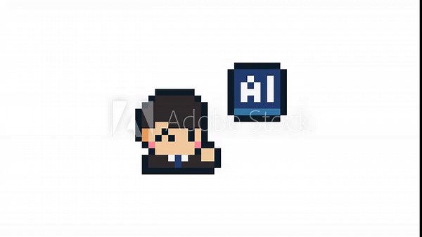 8-bit pixel art businessman and ai semiconductor icon. looped animation 4k 30fps