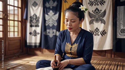 Asian artisan crafting traditional textile patterns by hand