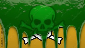 Green poison drips on a hazard symbol background. Toxic liquid flowing down in streams the surface with a skull and crossbones pictogram on yellow, drops forming streaks. 3D animation, alpha matte.