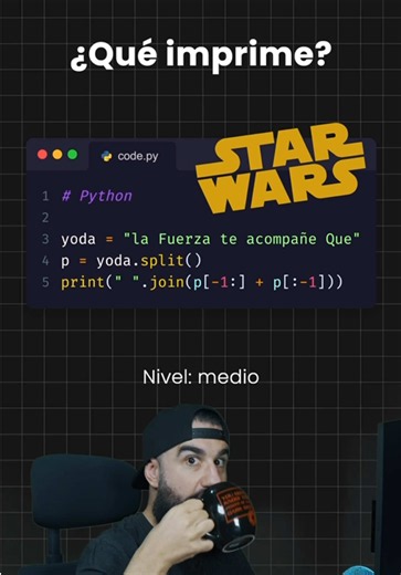 Ayuda al maestro Yoda... ¿Qué imprime este código en Python sobre Star Wars? 📚 Tienes mi curso completo de Python gratis en mi canal. 💻 Y sígueme para aprender programación e IA desde cero! #programacion #programadores #python #ia