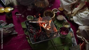 A shot of pyre burning at an Indian wedding for rituals in New Delhi, India