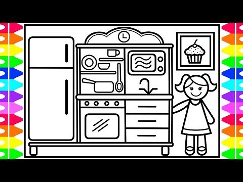 How to Draw a Baby Doll Kitchen Set for Kids 💜💖💛 Baby Doll Kitchen Set Drawing and Coloring Kids