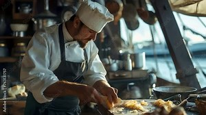 A dedicated cook on a ship skillfully prepares a delicious meal, showcasing the art of maritime cuisine