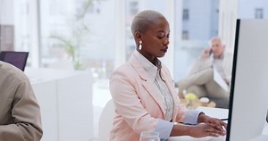Office, work and black woman at computer thinking and focus on online business report in corporate South Africa. Digital marketing, web and woman working on proposal idea for advertising campaign.