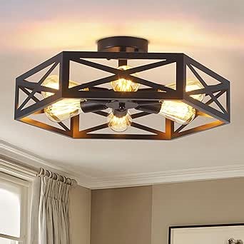 19.6" Black Rustic Kitchen Lighting Fixtures Ceiling, Farmhouse Foyer Lighting Fixtures, Large Black Semi Flush Mount Ceiling Light Fixture, Industrial Rustic Light Fixtures for Hallway Living Room