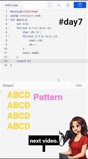 || Day 7 || 🔥 Learn C++ Pattern in 60 Seconds | ABCD Loop Trick ||
