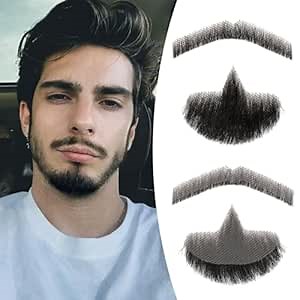 Fake Beard Realistic Mustache 100% Human Hair Full Hand Tied Facial Hair Black Fake Mustache Goatee Lace Invisible Fake Beards for Entertainment Party Drama Movie Makeup