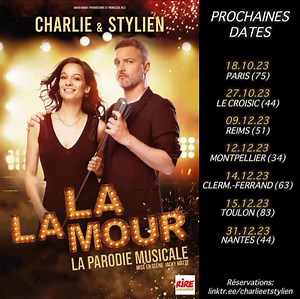 🎭 PROCHAINES DATES 2023 ! Non ça ne sera pas une sortie mais LA sortie : LA LA MOUR c'est LA comédie musicale sur le couple, qui va vous faire rire... De vous ! ✨ 🎟️Billetterie ouverte ➡️ https://linktr.ee/charlieetstylien La La Mour, la comédie musicale | Charlie et Styl'O