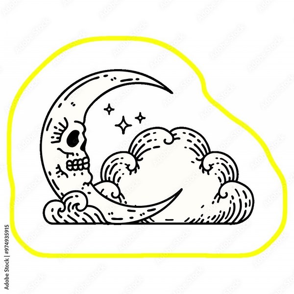tattoo in traditional style of a skull crescent moon and clouds