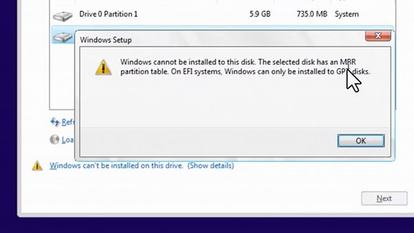 How to Fix “Windows cannot be installed to this disk. The selected disk has an MBR partition table” 