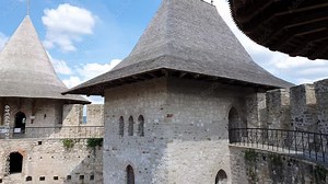 Soroca Fortress view from inside. Ancient military fort, historical landmark located in Moldova. Old stone walls fortifications, towers and bastions of medieval citadel