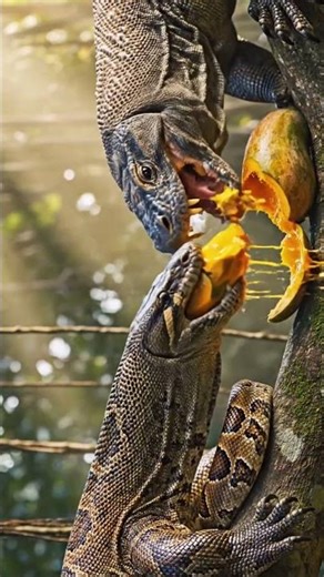 A python and a jackal started chewing and eating many mangoes grown on a tree. #youtubeshorts