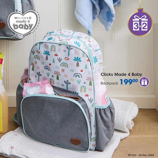 30K views · 798 reactions | Stylish and practical for moms on the go! Shop Clicks Made 4 Baby nappy bags and get 3 for 2 until 24 Dec 2024. Shop in store, online, and on the app! #ClicksBaby #Made4Baby #HolidayEssentials | BabyClub by Clicks | Facebook