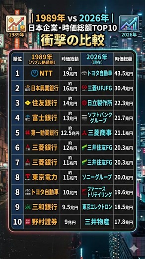 【衝撃】1989年バブル絶頂期 vs 2026年現在！日本企業の時価総額TOP10を比較したら凄すぎた...