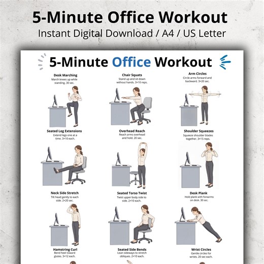 5 Minute Office Workout Printable, Chair Exercises at Work, Desk Exercise Poster, Office Stretching Chart, Workplace Exercise PDF Download - Etsy