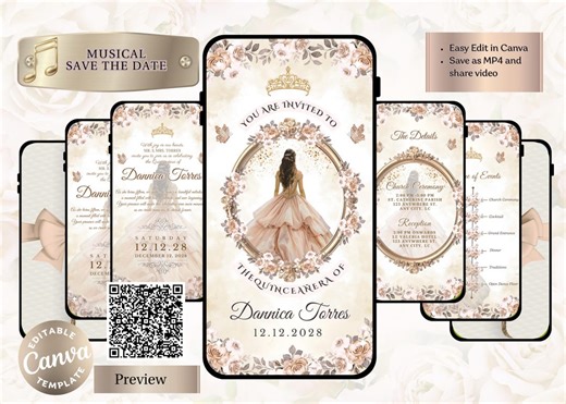 Champagne Animated Quinceanera Invitation Template | Editable Canva Video | Editable Digital - Etsy