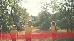 Kid are run. Child run through forest park to finish line. Victory and Success. Kid is winner. Happy child run in forest park. Baby run to finish line. Baby path to success and victory. Child winner