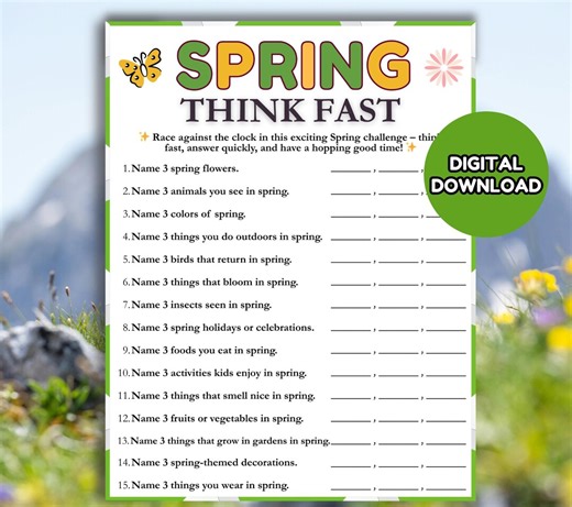Spring Think Fast Game, Fun Printable Spring Game for Kids Adults, Spring Think Quick Trivia Game, Spring Party Game Spring Ice Breaker Game - Etsy