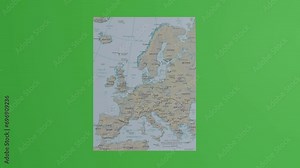 4k Europe Animated Map Unrolling and rolling back with Green Background. 3d. Close up. Concept of geography, history.