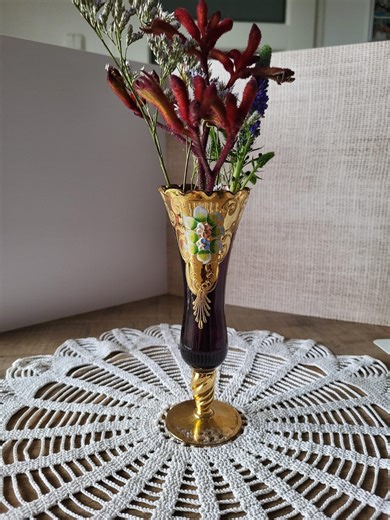 Vintage Czech Decorative Glass Vase | Brown Glass With Purple Undertone | Gilded & Hand Painted - Etsy