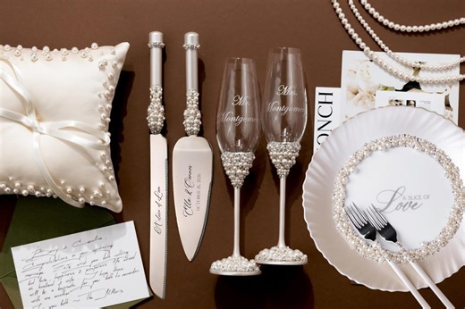 Pearls Champagne Flutes for Bride Groom Cake Cutting Set Engraving Toasting Glasses 30th Anniversary Gift Wedding Bridal Shower - Etsy