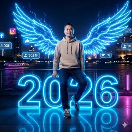 Ultra-realistic photography in 8K resolution with cinematic lighting. The subject is a person whose face, hairstyle, and body proportions are exactly the same as the attached reference image (ensure 100% authenticity). The person sits casually on large glowing 3D letters '2026', designed in a sleek neon-blue futuristic style, surrounded by floating social media icons and follower counters, with a subtle digital glow and soft reflections on the glossy floor. If male: wearing a modern hoodie and j