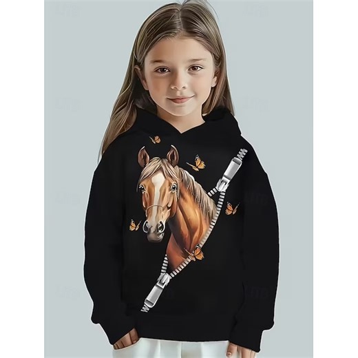 Girls' 3D Graphic Animal Horse Hoodie Pullover Long Sleeve 3D Print Spring Fall Sports Fashion Streetwear Kids 4-12 Years Hooded Outdoor Casual Daily Regular Fit 2025